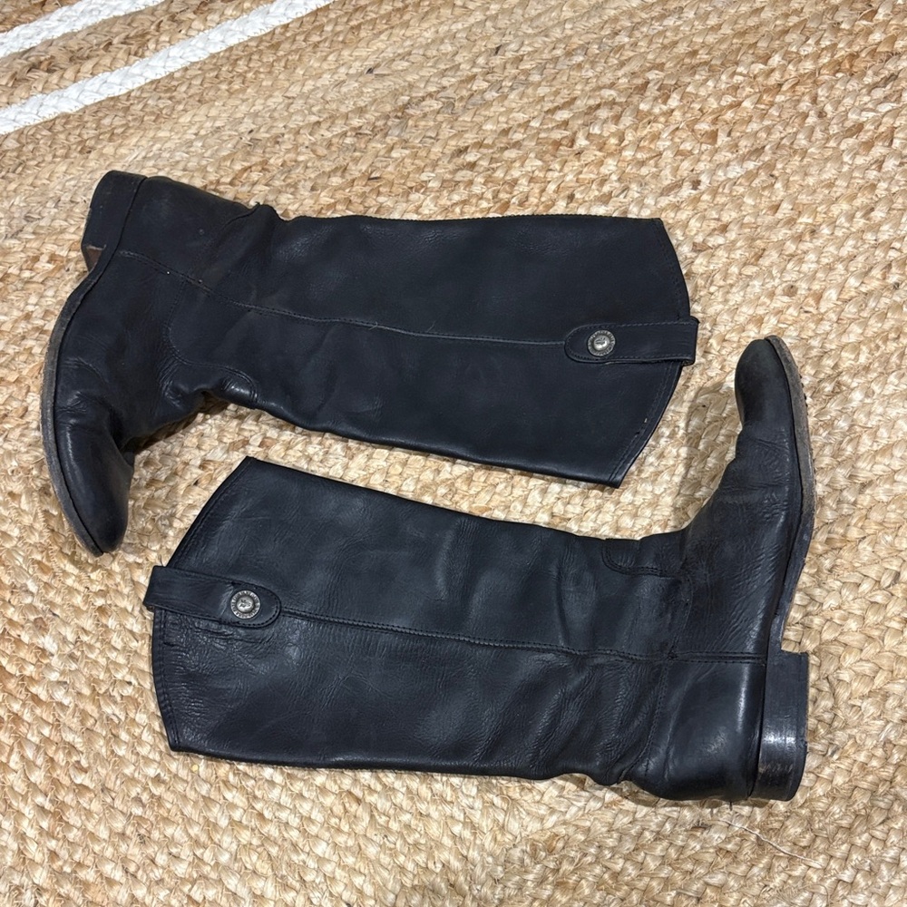Frye Black Leather Melissa Riding Boots with Branded Button Tab